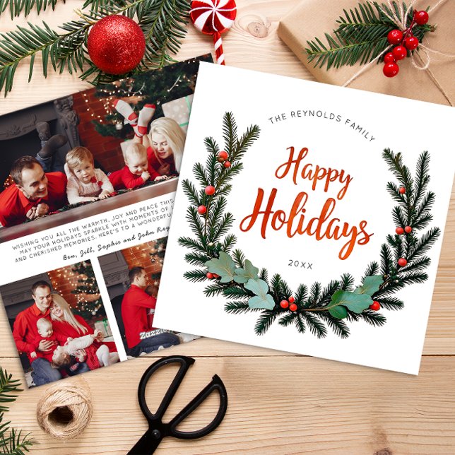 Festiva Tarjeta de vacaciones familiares con corona de sie (3 Photo Holiday Card)