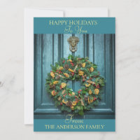 Tarjeta de vacaciones familiares con puerta princi