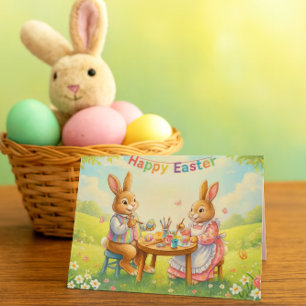 Festiva Tarjeta de vacaciones familiares conejos de Pascua