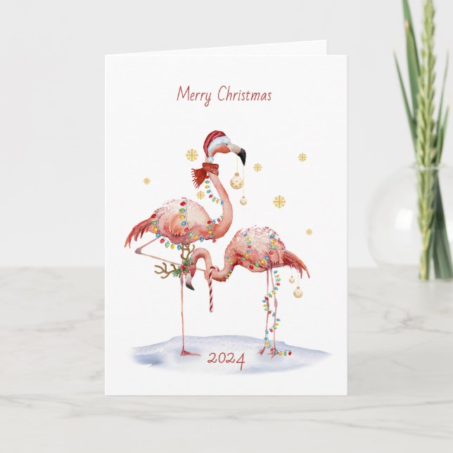 Festiva Tarjeta de vacaciones Flamingo para navidades (Anverso)