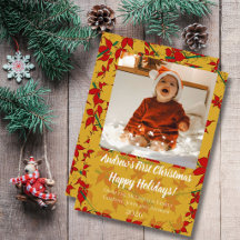 Tarjeta de vacaciones floral dorada primera Navida