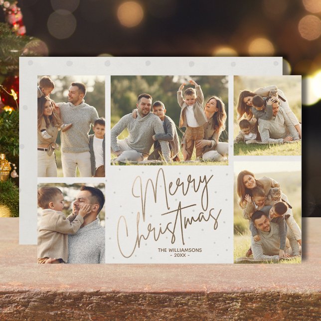 Festiva Tarjeta de vacaciones Gold Merry Christmas Five Fo (Gold faux foil Merry Christmas five photos flat holiday cards with your greeting on the back)
