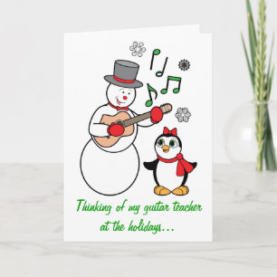 Festiva Tarjeta de vacaciones Guitar Teacher Snowman y Pen