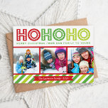 Festiva Tarjeta de vacaciones moderna Ho Ho Ho Collage de<br><div class="desc">El diseño de la tarjeta fotográfica de vacaciones de Navidades modernos y amables incluye un collage de fotos con espacio para 3 de tus fotos familiares y una tipografía alegre y colorida que lee Ho Ho Ho Ho Merry Christmas de Our Family to Yours con una audaz frontera a rayas...</div>