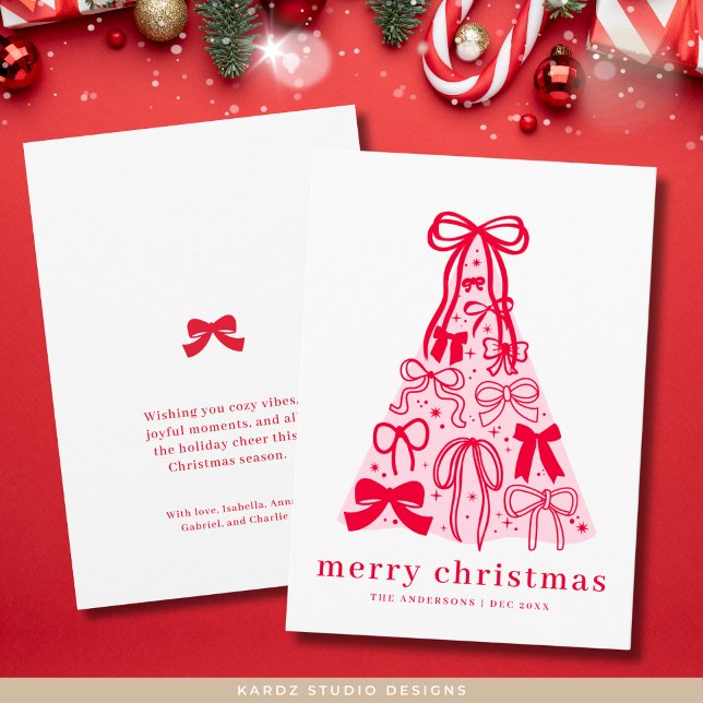 Festiva Tarjeta de vacaciones navideñas de color rojo rosa (Front and back of card shown in 5 x 7 inches. Choose corner style, paper and/or digital download)