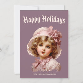 Festiva Tarjeta de vacaciones nostálgica de niña en rosa