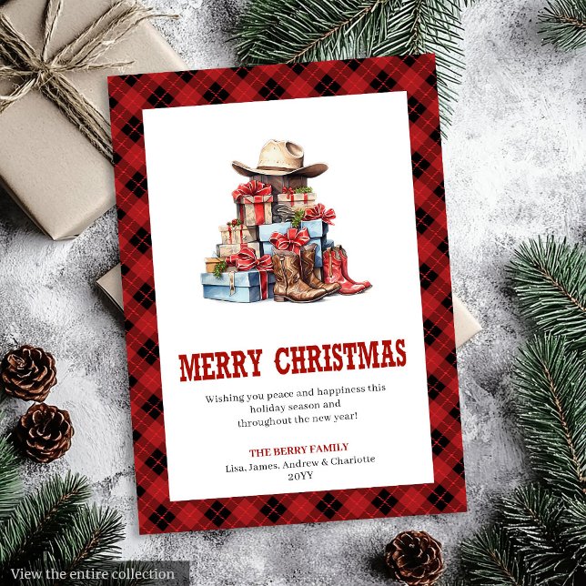 Festiva tarjeta de vacaciones occidental con tipografía de (Western holiday card buffalo plaid typography

)