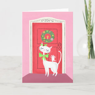 Festiva Tarjeta de vacaciones para gato y ratón blancos pa