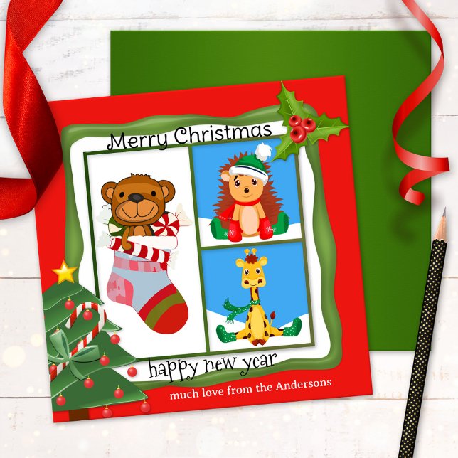 Festiva Tarjeta de vacaciones para Navidades con dibujos p (Christmas Holidays card featuring 3 of your own custom photos or drawings of your children)