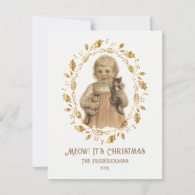 Festiva Tarjeta de vacaciones para navidades Meow Vintage (Anverso)