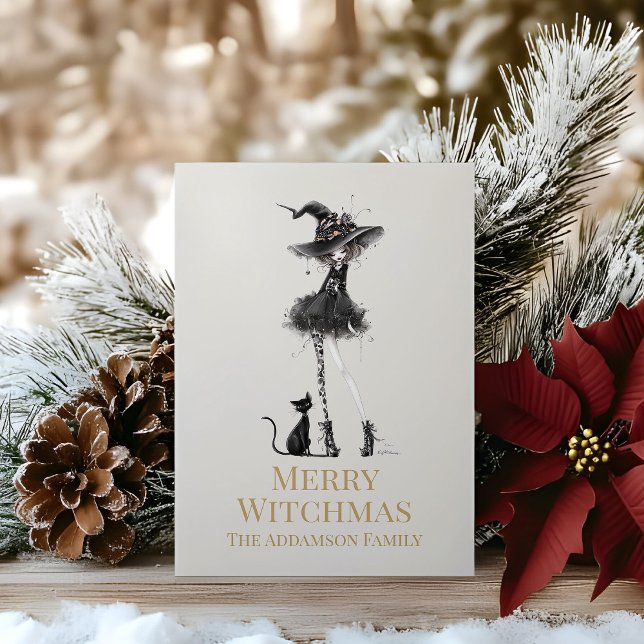 Festiva Tarjeta de vacaciones personalizada de Feliz Brujn (Merry Witchmas Standing Witch Custom Holiday Card  on a wooden table with Christmas decoration)