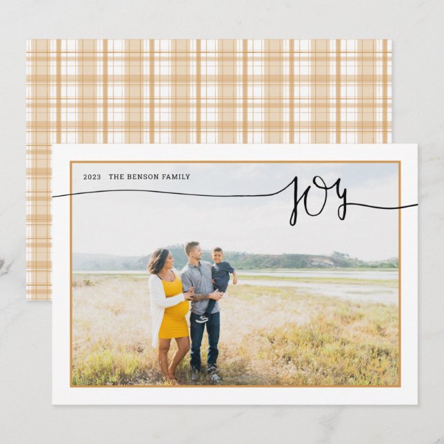 Festiva Tarjeta de vacaciones Plaid JOY Minimal Script Gol (Anverso / Reverso)