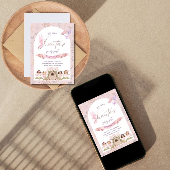 Festiva Tarjeta de vacaciones plana (Fairy First Birthday Invites)