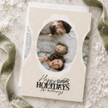 Tarjeta de vacaciones plana con foto ovalada y let