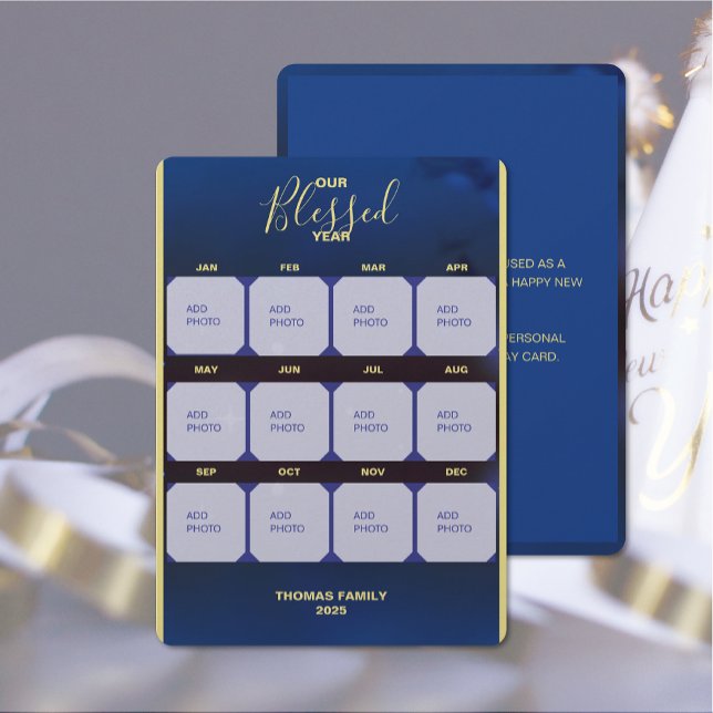 Festiva Tarjeta de vacaciones plana de nuestra foto del añ (Our Blessed Year Flat Holiday Photo Card (front and back))