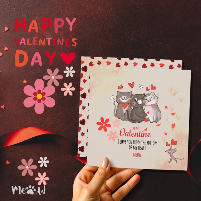 Festiva Tarjeta de vacaciones plana Meow Cute Cats Valenti (Meow Cute Cats Valentines Flat Holiday Card)