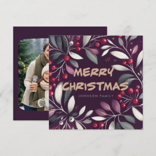 Festiva Tarjeta de vacaciones plana púrpura mistletowreath