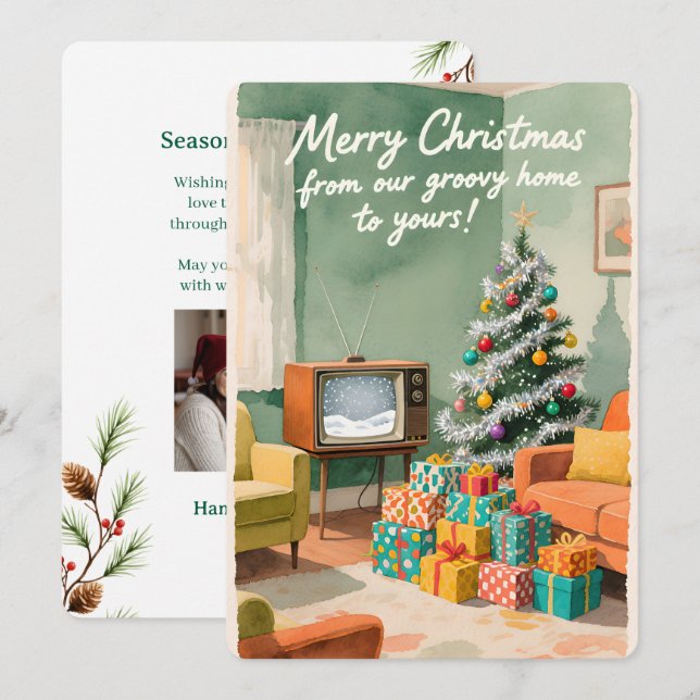 Festiva Tarjeta de vacaciones plana vintage personalizable (Anverso / Reverso)