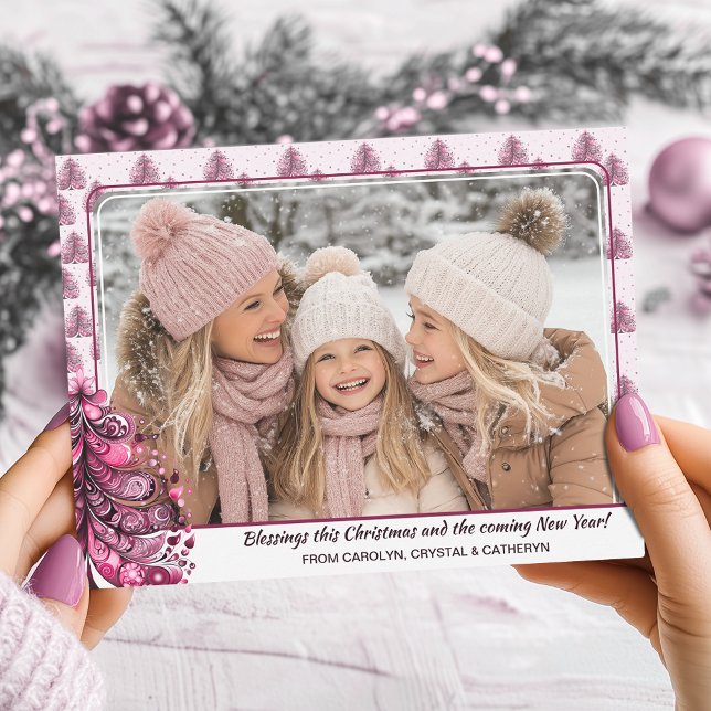 Festiva Tarjeta de vacaciones planas de Glam con arbol de  (Personalized Pinkmas Pink Christmas Tree Girly Glam Flat Holiday Card)
