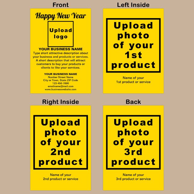 Festiva Tarjeta de vacaciones plegada amarilla de Año Nuev (Yellow folded holiday card for New Year with your business brand and products or services.)