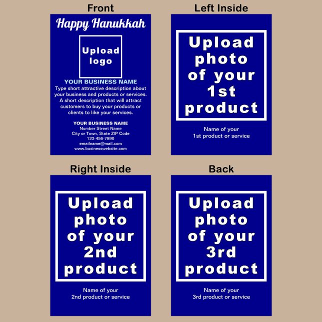 Festiva Tarjeta de vacaciones plegada azul Hanukkah Busine (Blue folded holiday card for Hanukkah with your business brand and products or services.)
