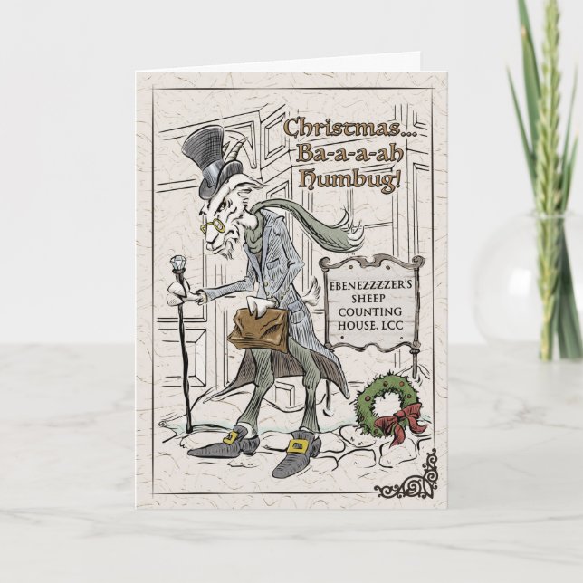Festiva Tarjeta de vacaciones plegada Baa-aa Humbug Punny  (Anverso)