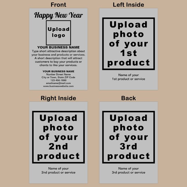 Festiva Tarjeta de vacaciones plegada gris de Año Nuevo pr (Gray folded holiday card for New Year with your business brand and products or services.)