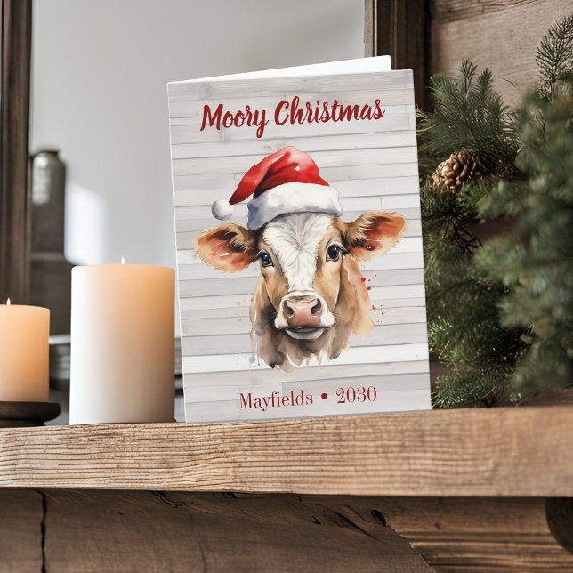 Festiva Tarjeta de vacaciones plegada "Navidades morales"  (Moory Christmas jersey cow folded card barn wood background)