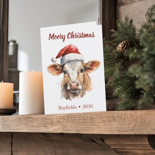 Festiva Tarjeta de vacaciones plegada "Navidades morales"  (Moory Christmas jersey cow folded holiday card with white background)