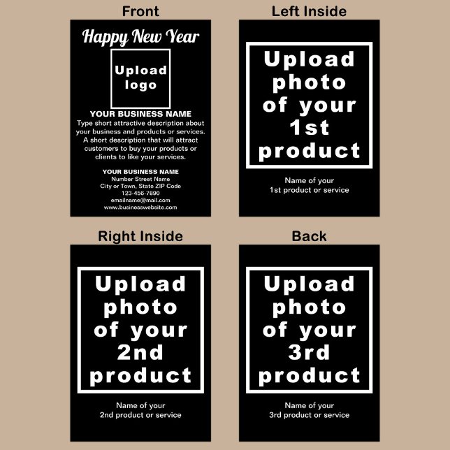 Festiva Tarjeta de vacaciones plegada negra de Año Nuevo p (Black folded holiday card for New Year with your business brand and products or services.)