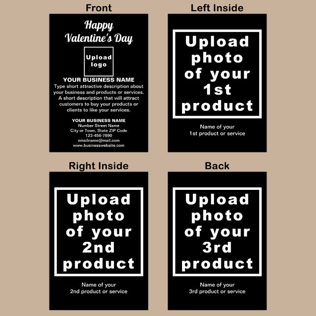 Festiva Tarjeta de vacaciones plegada negra de San Valentí (Black folded holiday card for Valentine with your business brand and products or services.)