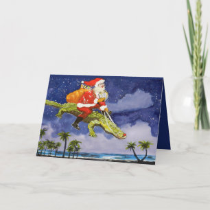 Festiva Tarjeta de vacaciones plegada Santa y Alligator