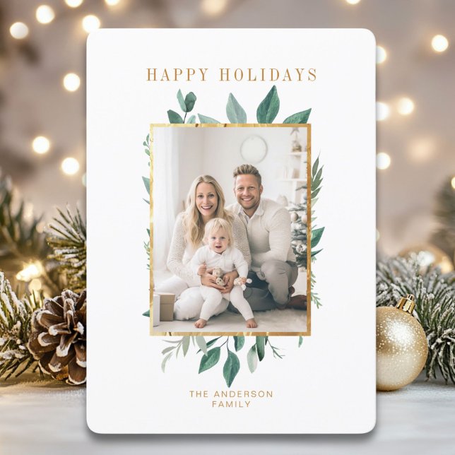 Festiva Tarjeta de vacaciones simple con hojas, dorada con (Happy Holidays! Simpel Leafy, Gold 1 Photo Holiday Card. )