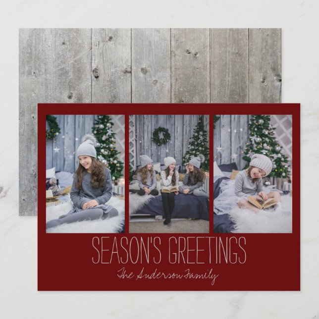 Festiva Tarjeta de vacaciones simple de tres fotos Rústica (Anverso / Reverso)
