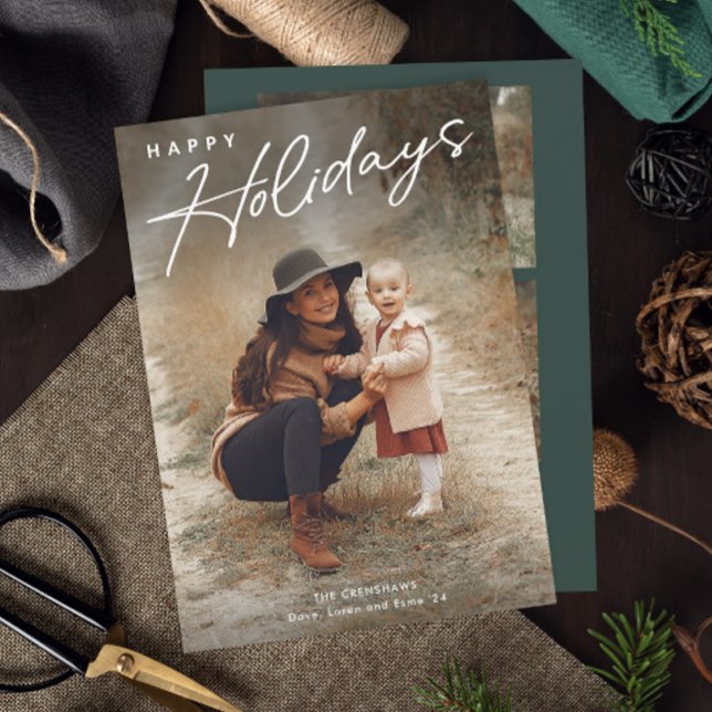 Festiva Tarjeta de vacaciones Simple Script Happy Holidays (Simple Happy Holidays Script 3 Photo Holiday card.)