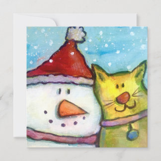 Festiva Tarjeta de vacaciones Snowman and Cat