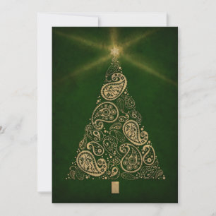 Festiva Tarjeta de vacaciones verde con árbol paisley