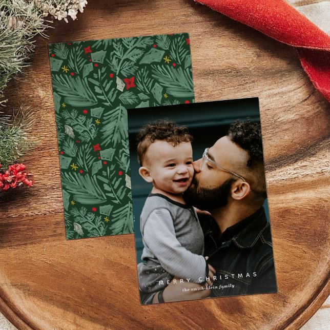 Festiva Tarjeta de vacaciones verde de fotografía vertical (Green Festive Botanical Vertical Photo Holiday Card)