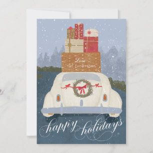 Festiva Tarjeta de vacaciones vintage de coche con regalos