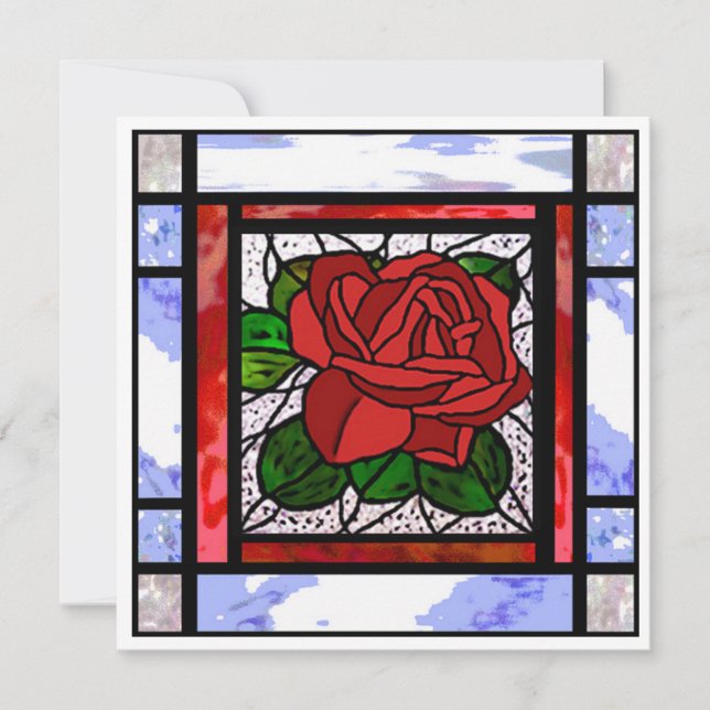 Festiva Tarjeta de Vidrio Emplomado Azul Art Deco Rosa Roj (Anverso)