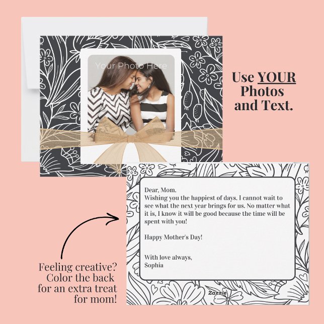 Festiva Tarjeta del día de la madre con mensaje del Person (Create a special Mother's Day card with your own photo and message. Color the back for a treat!)