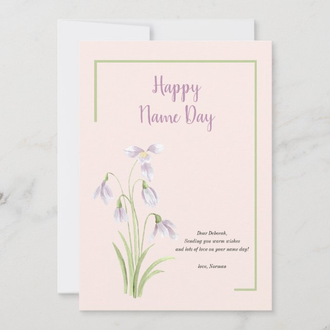 Festiva Tarjeta del día de nombre floral Snowdrop (Anverso)