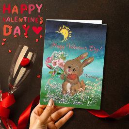 Festiva Tarjeta del Día de San Valentín de conejito con fl