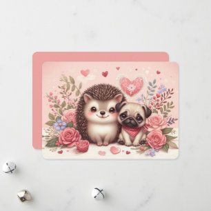 Festiva Tarjeta del Día de San Valentín de erizo y pug ado