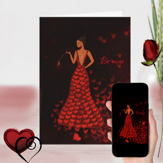 Festiva Tarjeta del Día de San Valentín de la Mujer con Ve ( Woman in Red Dress Valentine's Day Card )