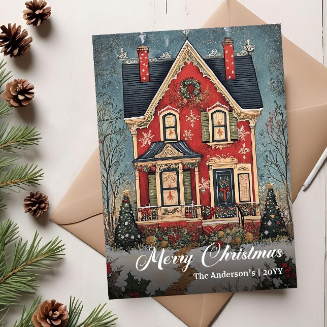 Festiva Tarjeta digital navideña de casa nostálgica (Nostalgic Christmas House Digital Holiday Card)