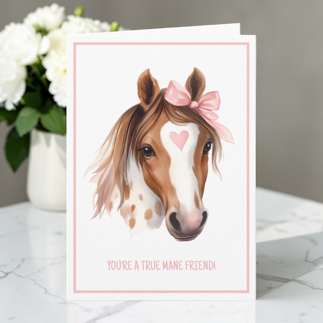 Festiva Tarjeta Doble de San Valentín de Caballo Acuarela  (Cute Watercolor Horse Pink Kids Valentine Folded Holiday Card)