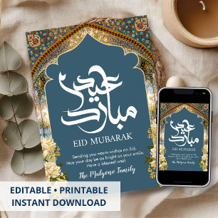 Festiva Tarjeta Eid Mubarak con Arco de Mosaico Persa Azul
