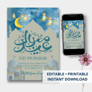 Festiva Tarjeta Eid Mubarak de cielo azul brillante y medi