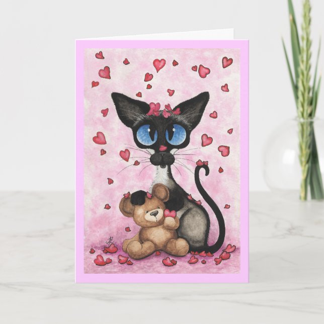 Festiva Tarjeta El día de San Valentín para gatos siamesa (Anverso)